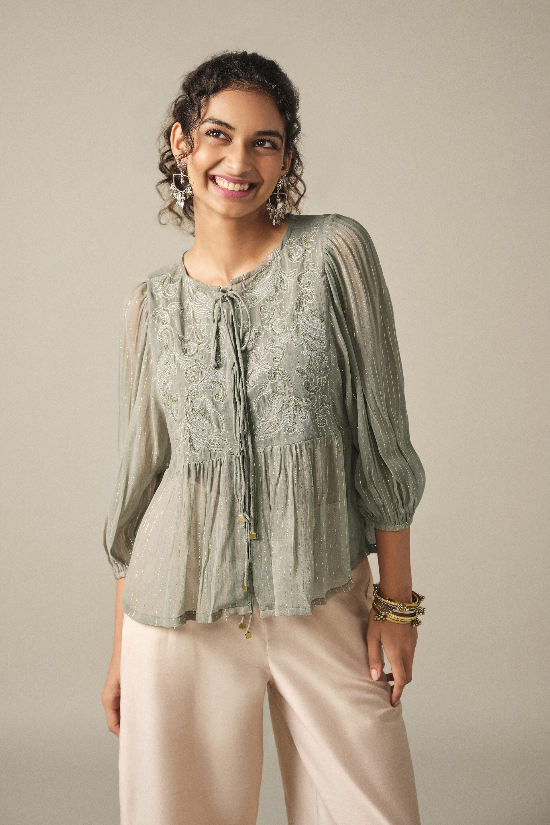 Tie-up Embroidered Peasant Top in Grey
